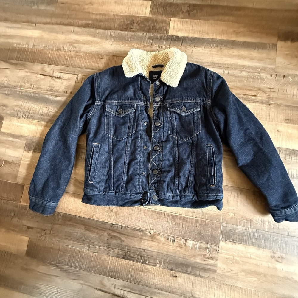 GAP Kids Sherpa Lined Trucker Denim Jacket Dark Rinse Sz XL Western Camping